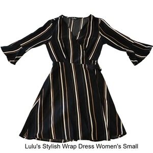 Lulus Black Striped Wrap Dress Women's Small Long‎ Sleeve Flared Career Office